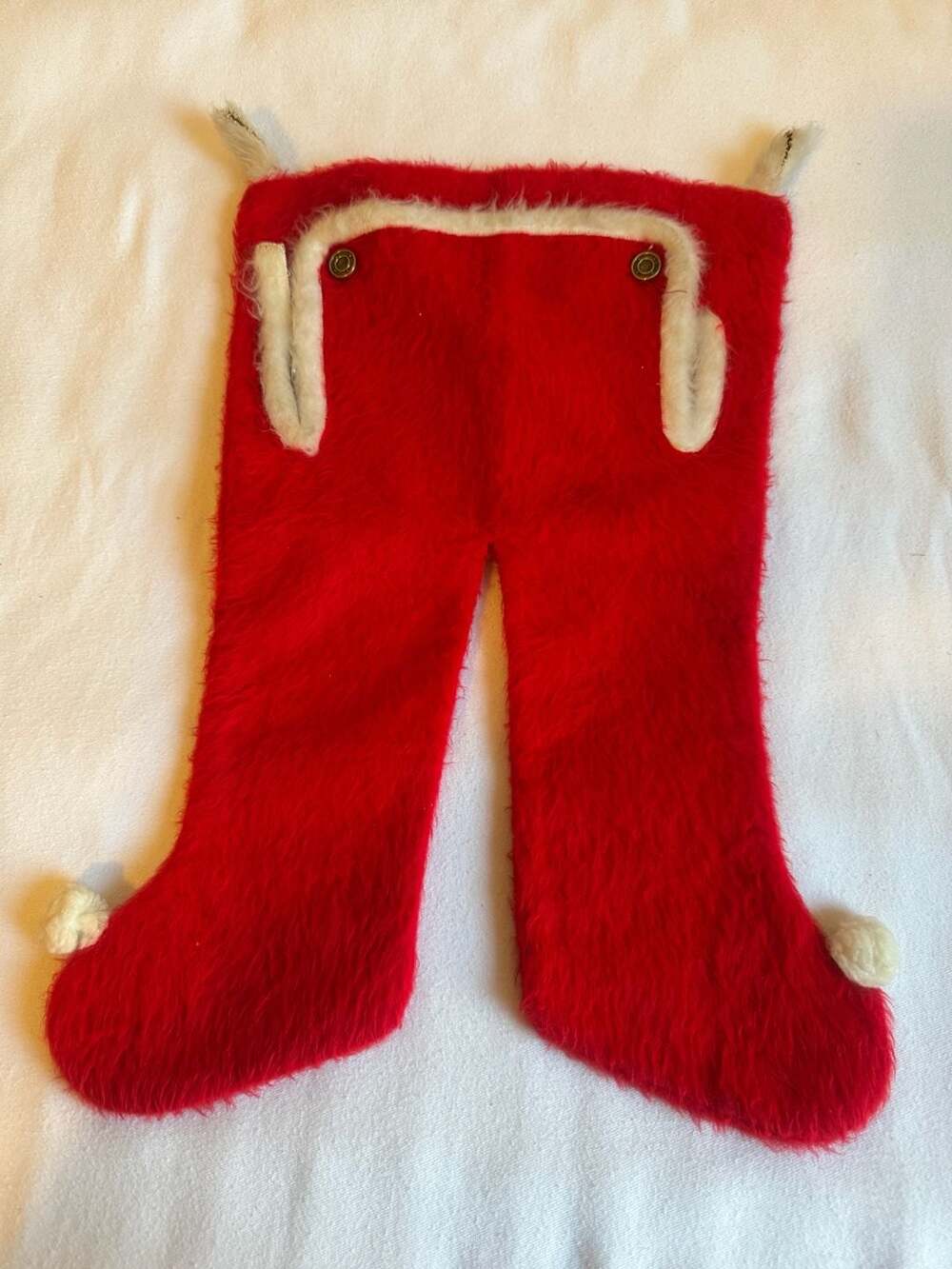 Vintage Fuzzy Red Santa Pants Long John Christmas Stocking with Gold Buttons